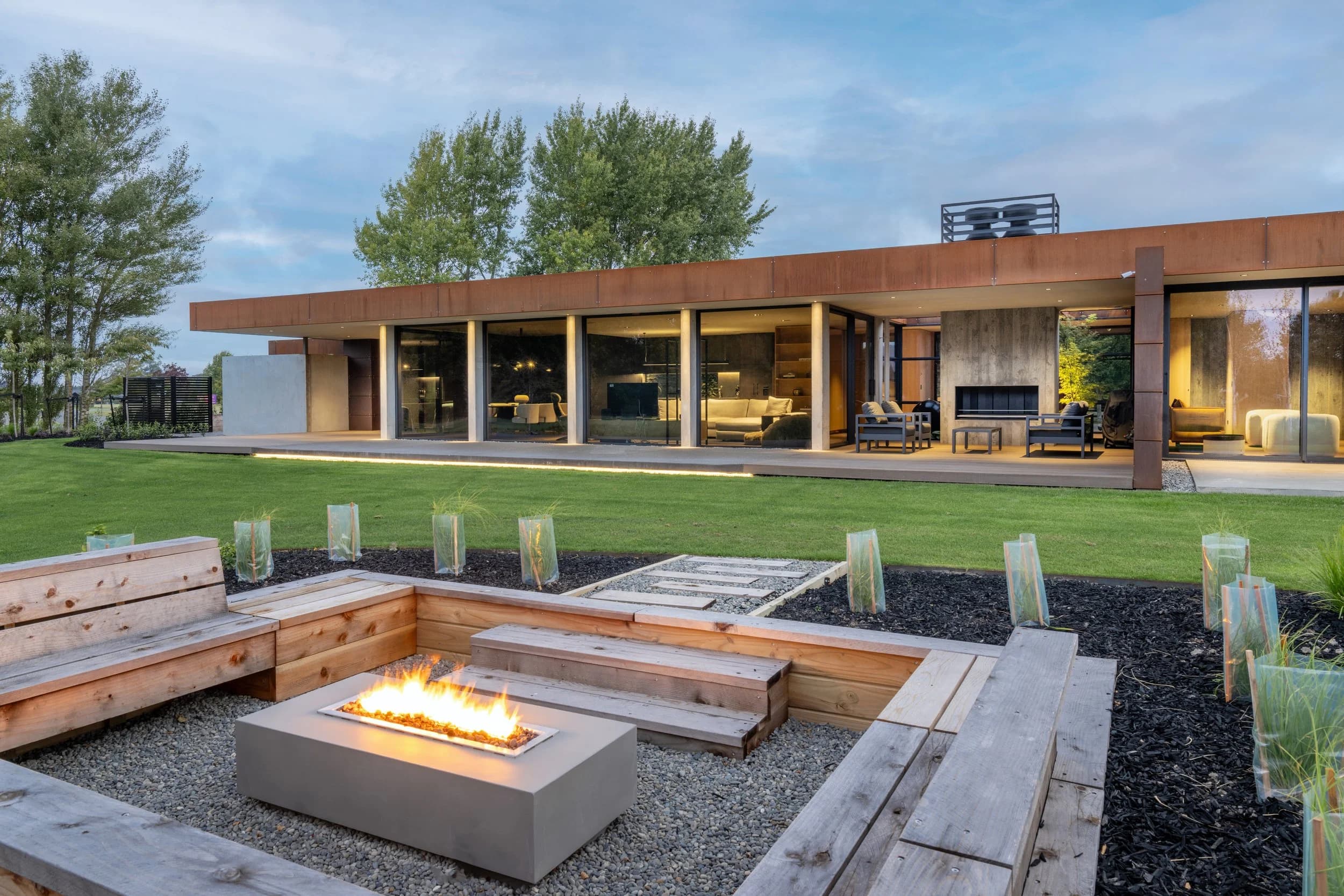 Burntwood, a concrete, schist and Corten steel home at Pegasus, North Canterbury, designed by Archco